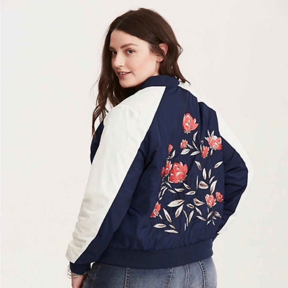 Torrid EMBROIDERED SATIN BOMBER JACKET